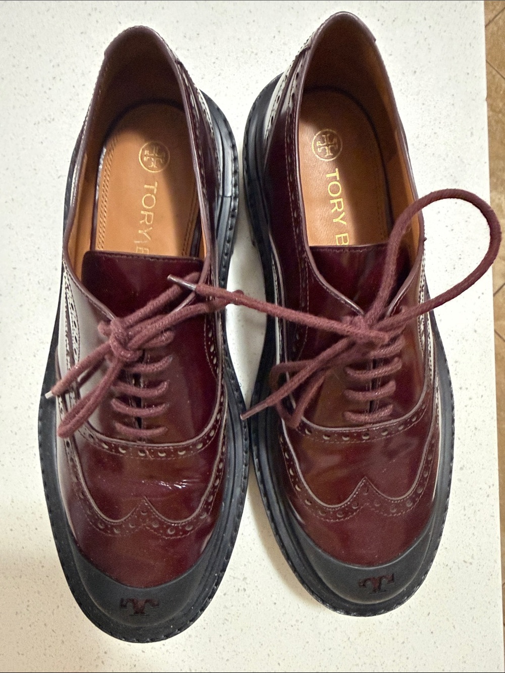 Tory Burch Burgundy Patent Leather Brogue Oxfords
